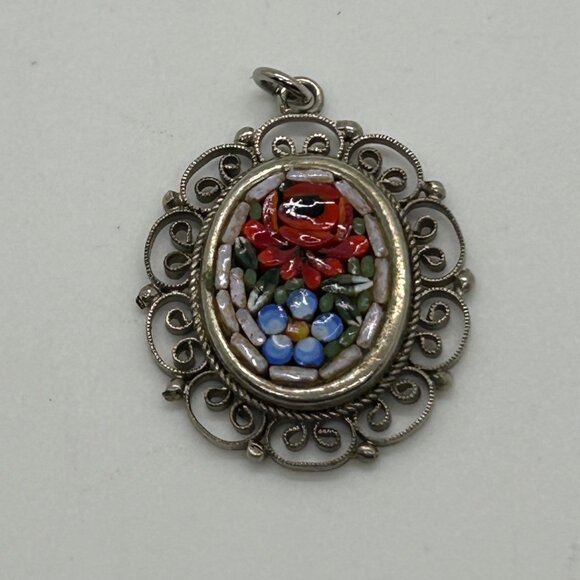 Vintage Italian Micro Mosaic Oval Pendant With Filigree Detailing Floral Design - Picture 2 of 14